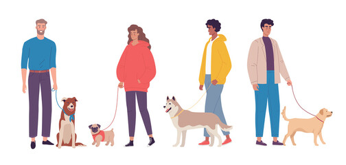Young people walking with their cute dogs. Cartoon characters design
