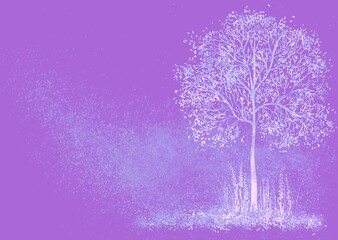 Lilac purple violet background with blur, gradient, splatter, brush strokes and watercolor texture. Painted landscape with tree, flowers and herbs. Space for graphic design, text and creative ideas.