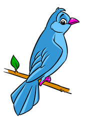 Blue bird sitting on a tree branch cartoon illustration