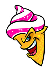 Ice cream waffle cone pink cream character product cooking cartoon illustration