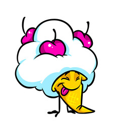 Ice cream waffle cone cream berries cherries joke character rest cartoon illustration