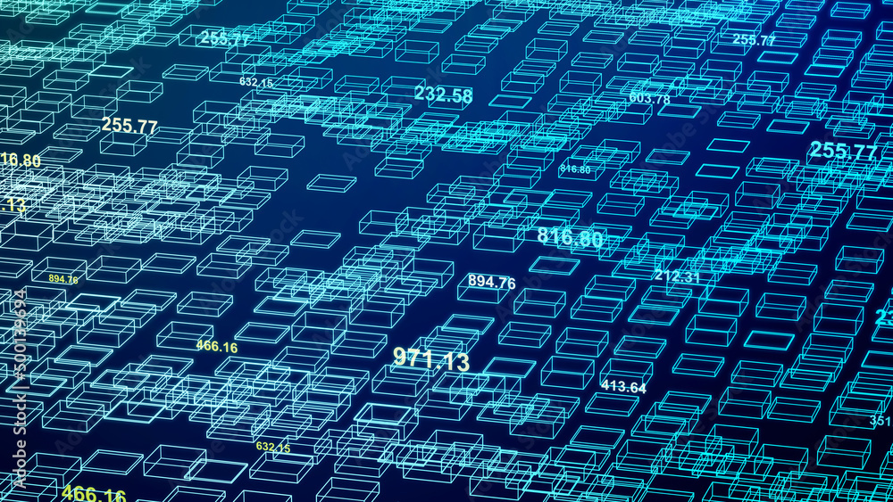 Poster futuristic wireframe geometry wave, abstract flowing digital neon rectangle tile surface, 3d renderi