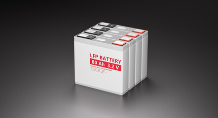 LFP (Lithium Iron Phosphate) battery cell, prismatic pack Li-Ion batteries supply manufacturing for electric vehicle (EV) concept, industrial energy storage car technology 3D rendering illustration
