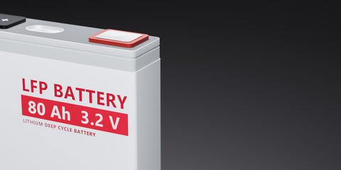 LFP (Lithium Iron Phosphate) battery cell, prismatic pack Li-Ion batteries supply manufacturing for electric vehicle (EV) concept, industrial energy storage car technology 3D rendering illustration