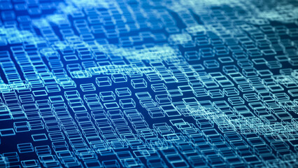 futuristic wireframe geometry wave, abstract flowing digital neon rectangle tile surface, 3d rendering illustration technology concept