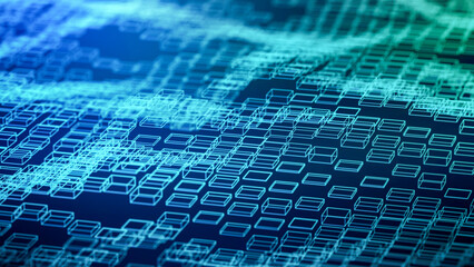 futuristic wireframe geometry wave, abstract flowing digital neon rectangle tile surface, 3d rendering illustration technology concept