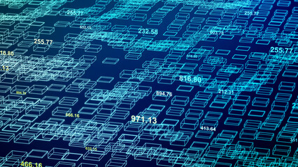 futuristic wireframe geometry wave, abstract flowing digital neon rectangle tile surface, 3d rendering illustration technology concept