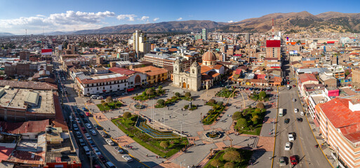 Huancayo, Peru: Aerial pananoramic view of the main square park of Huancayo city