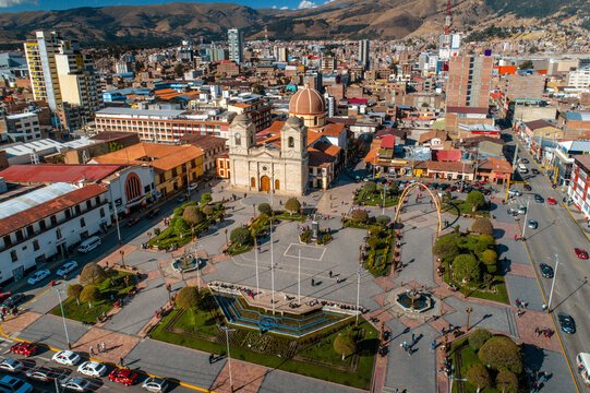 Huancayo, Peru: Aerial pananoramic view of the main square park of Huancayo city