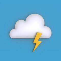 White cartoon cloud and  lightning isolated on a blue background. Thunder weather icon. 3D render illustration.