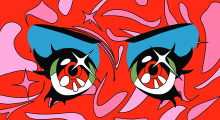 Cute cartoon style eyes of an anime girl with sparkles and stars. Vector illustration.