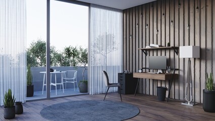 Student's workplace. The interior of the children's room. Desk and chair on eco style. 3d render