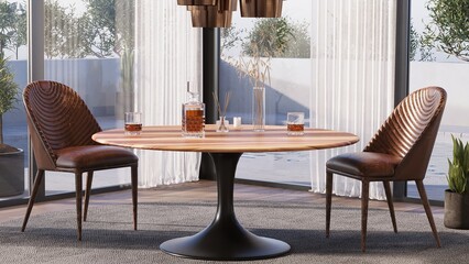 A table for two in a restaurant. Table and two chairs with a beautiful view from the window. 3d render