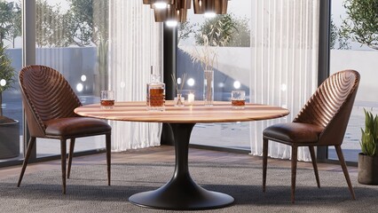 A table for two in a restaurant. Table and two chairs with a beautiful view from the window. 3d render