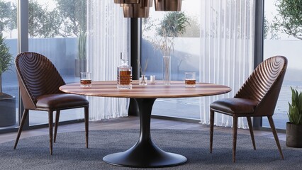 A table for two in a restaurant. Table and two chairs with a beautiful view from the window. 3d render
