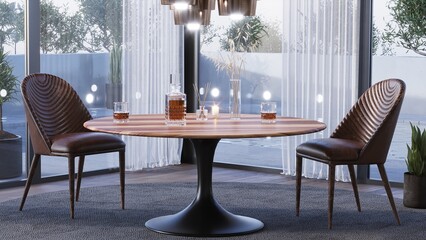 A table for two in a restaurant. Table and two chairs with a beautiful view from the window. 3d render
