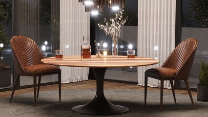 A table for two in a restaurant. Table and two chairs with a beautiful view from the window. 3d render