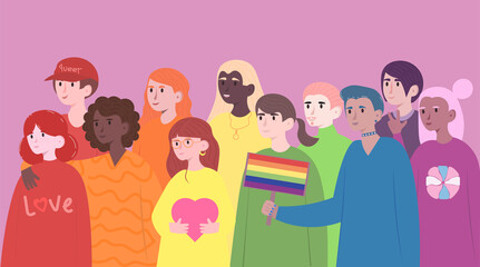 Pride Month.Non-binary international people: lesbians, gays, transgender people, queers and other representatives of the LGBTQ community. Flat vector illustration
