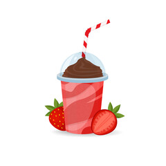 Fresh strawberry smoothies or milk shake in plastic cup with cocktail tube on white background.