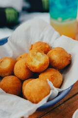 Colorful Food Beach Appetizer Starts Snacks Fresh Delicious Menu Recipe Meal Meat Chicken Fries Fish Seafood Beer on a wooden table