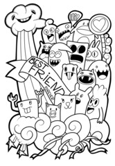 Best friend forever Handwritten doodles, coloring books, black and white lines, fun of cute monsters and friends