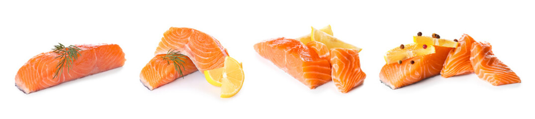 Fototapeta Set of raw salmon fillets with spices and lemon on white background obraz
