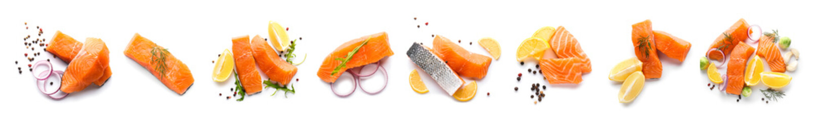 Set of raw salmon fillets with spices and lemon on white background, top view