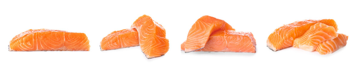 Set of raw salmon fillets on white background