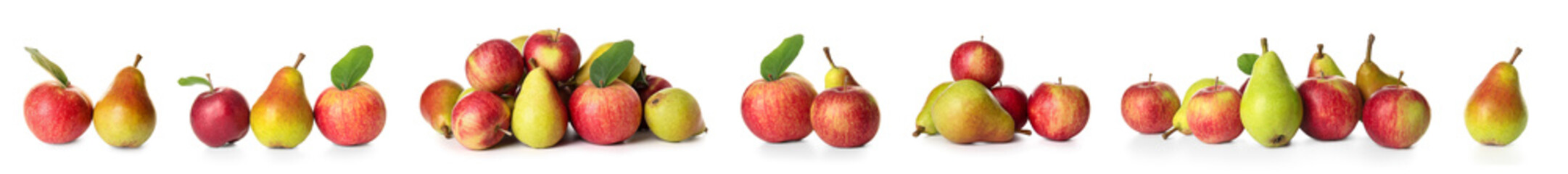 Set of ripe pears and apples on white background
