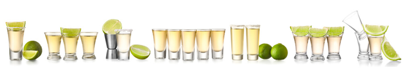 Set with shots of tasty tequila with lime on white background - obrazy, fototapety, plakaty