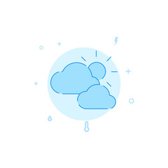 Partly cloudy weather forecast vector icon. Flat illustration. Filled line style. Blue monochrome design. Editable stroke. Adjust line weight.