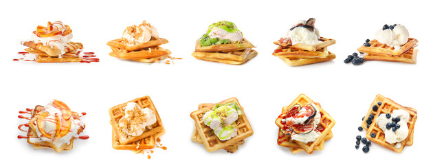 Set of tasty Belgian waffles with ice cream on white background