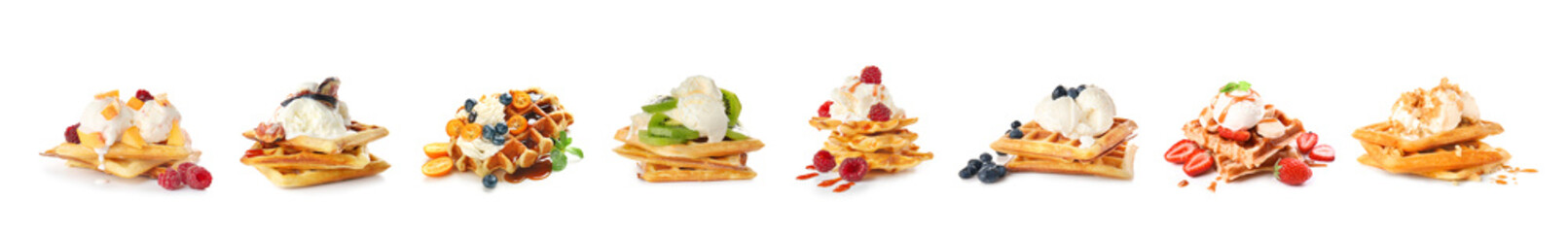 Set of tasty Belgian waffles with ice cream on white background