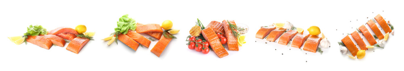 Set of salmon fillets with spices and lemon on white background