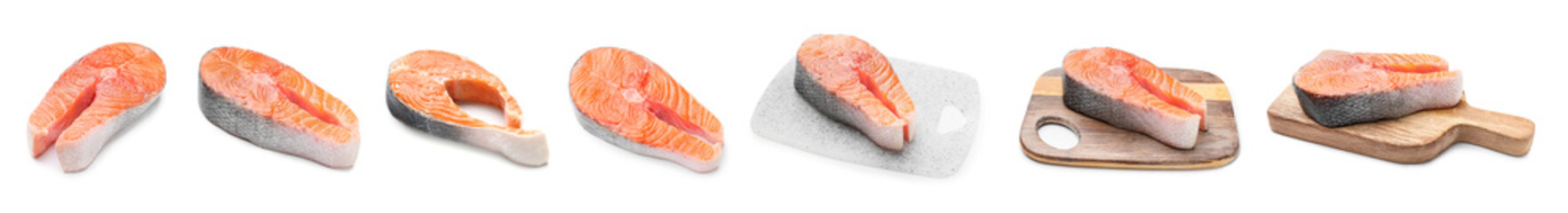 Set of raw salmon steaks on white background