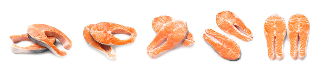 Set of raw salmon steaks on white background © Pixel-Shot