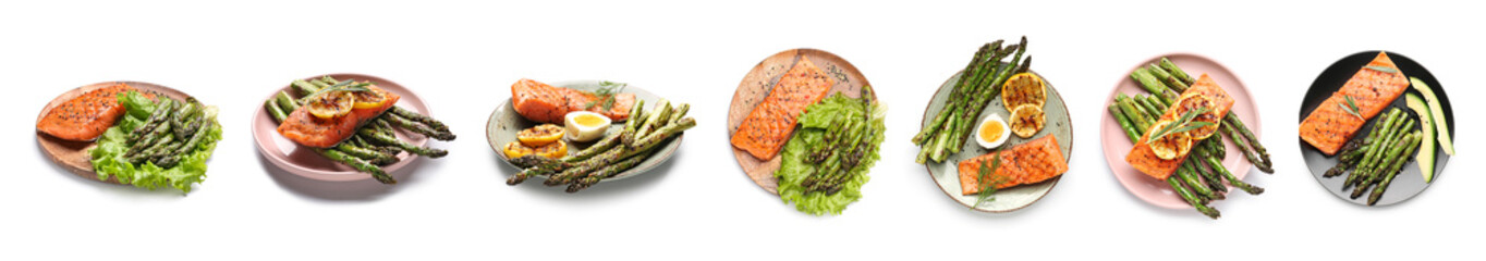 Set of grilled asparagus with salmon on white background