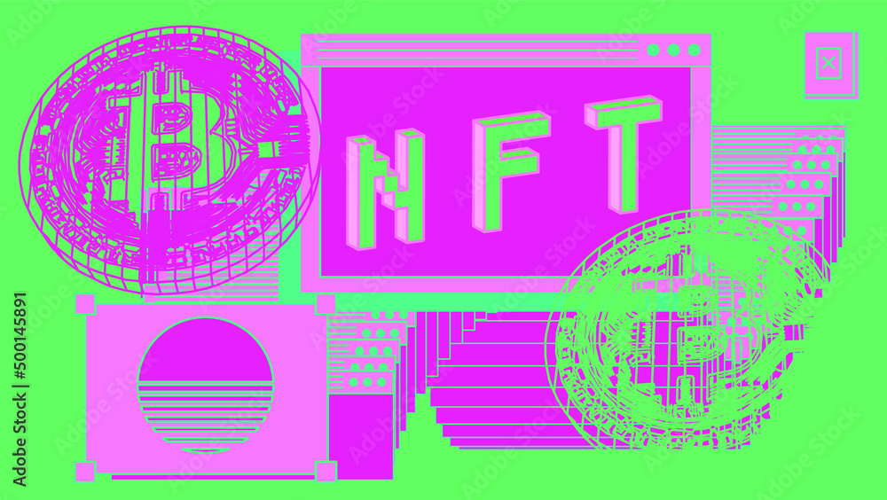 Poster Computer screen with of user interface elements and bitcoin sign. Conceptual illustration of the NFT or Non-fungible token.