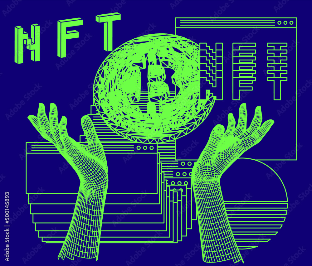Aufkleber Computer screen with of user interface elements and bitcoin sign. Conceptual illustration of the NFT or Non-fungible token.
