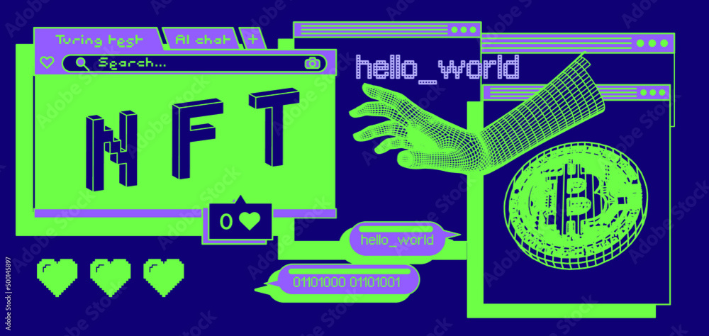 Poster Computer screen with of user interface elements and bitcoin sign. Conceptual illustration of the NFT or Non-fungible token.