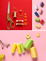 Thread spools, scissors, buttons and pins on red background