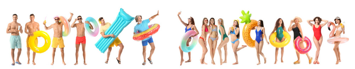 Set of different people in beachwear isolated on white