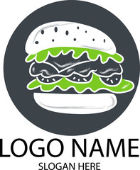 hamburger with cutlet, lettuce, tomato, cheese, vector illustration for logo