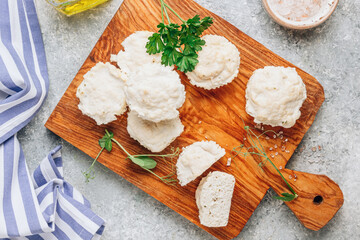 Homemade chicken muffins - chicken fillet and egg white on plate. Protein Diet, healthy food concept. Selective focus