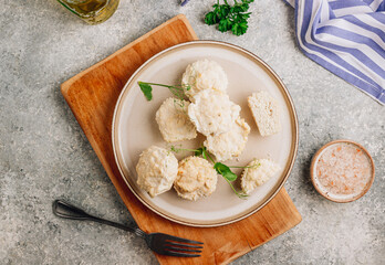 Homemade chicken muffins - chicken fillet and egg white on plate. Protein Diet, healthy food concept. Selective focus