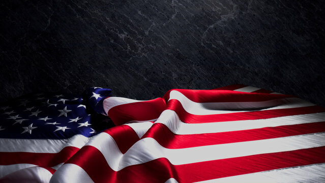 Authentic Banner for Independence Day with American Flag, Black Stone Background and Copy-Space.
