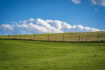 Fototapeta na wymiar pasture, fence, and blue sky