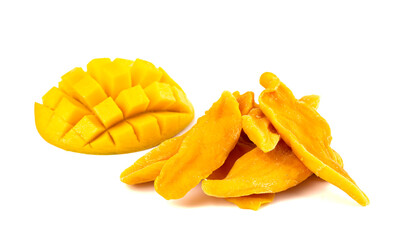 Yellow Dehydrated Mango Strips Isolated on a White Background