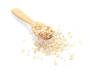 Spoon with raw oatmeal flakes on white background