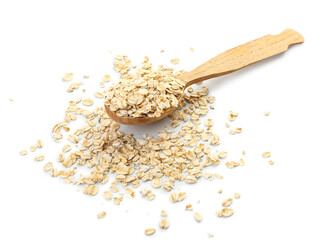 Spoon with raw oatmeal flakes on white background